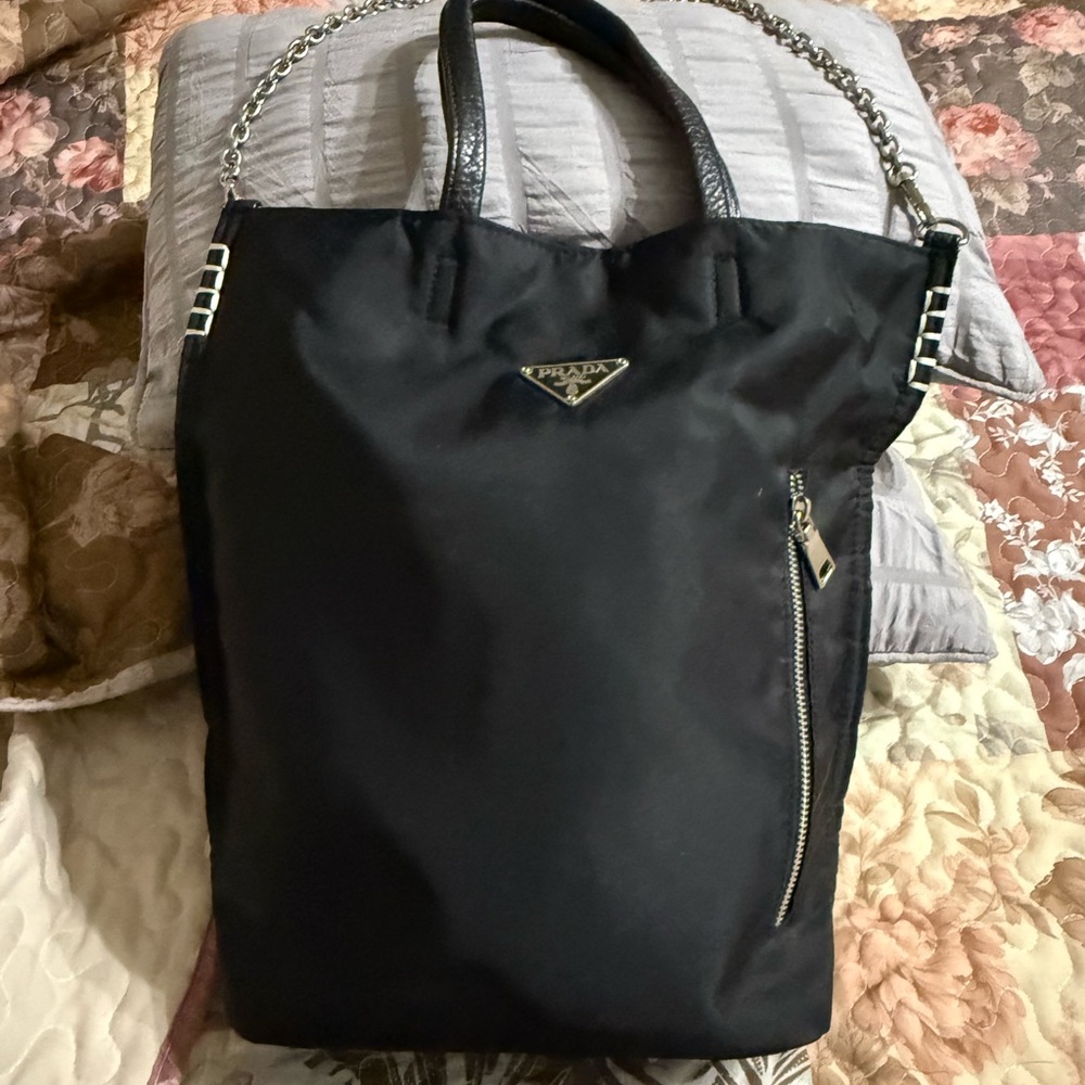 Prada Black Nylon Tote with Chain-Trim Handles - Picture 7 of 8
